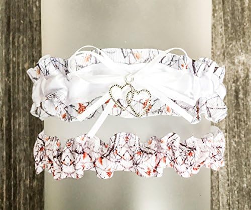 Camouflage White Satin Wedding Bridal Camo Garter SET - Double Heart Charm
