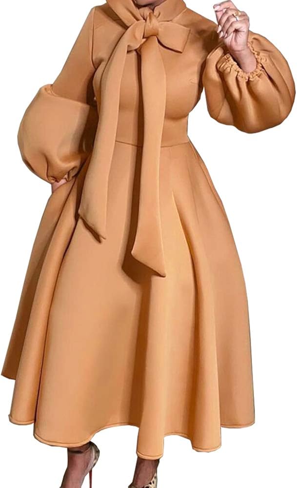 AOMEI Women's Bowtie Neck Lantern Sleeve High Waist ALine Long Dress
