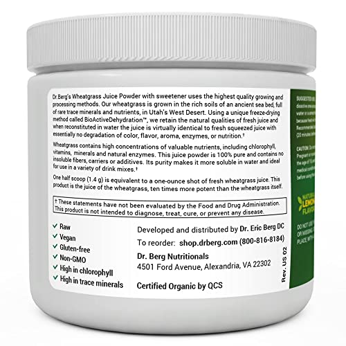 Dr. Berg's Raw Wheatgrass Juice Powder (60 Servings) USDA Certified