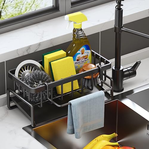 Rangement et Organisation de Cuisine, Organisateur d'évier en avec bac d'écoulement Automatique pour Porte Eponge, Porte Serviettes, Super Accessoires pour Salle-Noir.