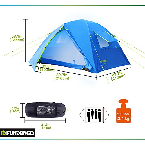 FUNDANGO Portable Durable Waterproof 3 Persons Family Camping Tent with Fully-Covered Vestibule