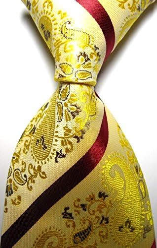 Kristy Tok Collection - Classic Yellow Paisley Dark Red Stripe Series Jacquard Woven Silk Men's Neckties with Designs - CPHQ (Compatible Price & High Quality)