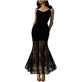 SweatyRocks Women's Mesh Bodycon Fishtail Dresses 3D Floral Spaghetti Strap Maxi Long Party Dress