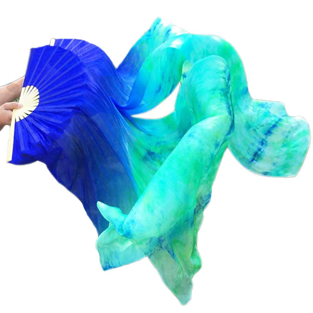 Leemiman Women 1.8 m Long Belly Dance 100% Silk Bamboo Fan Veils 1 Pair(L+R) (Blue tie dyed)