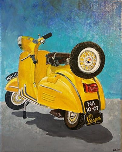 Vespa Acrylic Painting, Vespa art, Original painting, 8" X 10", Vintage vespa, Vintage art, Scooter art, 1980s decor, Italian, Vespa scooter, Yellow scooter, Europe, Motorbike