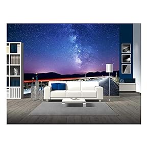 Night Sky with Milky Way and Stars. Night Road Illuminated by Car. Light Trails - Removable Wall Mural | Self-Adhesive Large Wallpaper - 66x96 inches