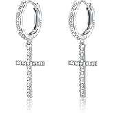 Reffeer Solid 925 Sterling Silver CZ Cross Dangle Earrings for Women Teen Girls Cross Dangle Hoop Earrings Huggie Drop Earrings