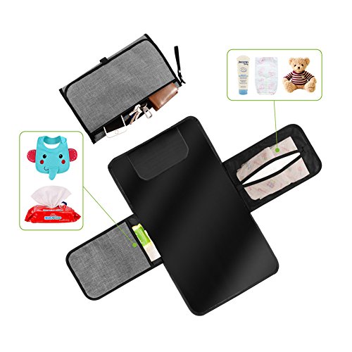 Portable Changing Pad Kit for Newborn Baby Infant - Lightweight Travel Home Diaper Changer Mat with Pockets - Waterproof & Foldable Changing Station with Head Cushion(Gray & Black)