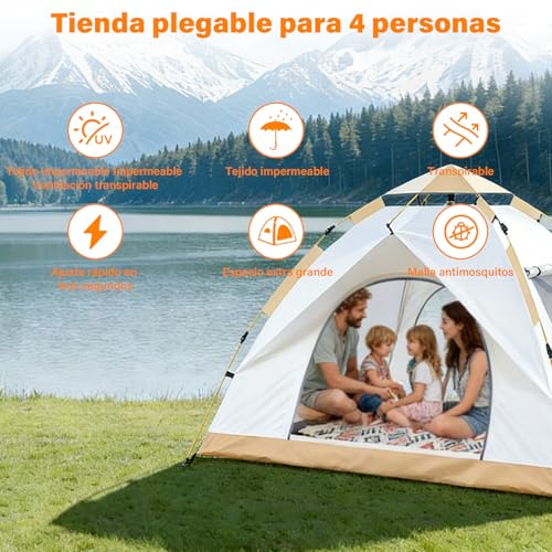 lemonsea Casa de Campaña 4 Personas, Tienda de Campaña Impermeable Ligera, Montaje Rápido Automática con 2 Puertas Ventiladas e Incluye Bolsa Transporte para Camping, Enderismo y Picnic (Blanco Roto)