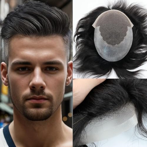 e estelle Men Natural Hair Toupee, Human Hair Q6 Swiss Lace Base PU Around Man Hair Replacement System, For Thin Or Hairloss (Nature Black, 6x8)