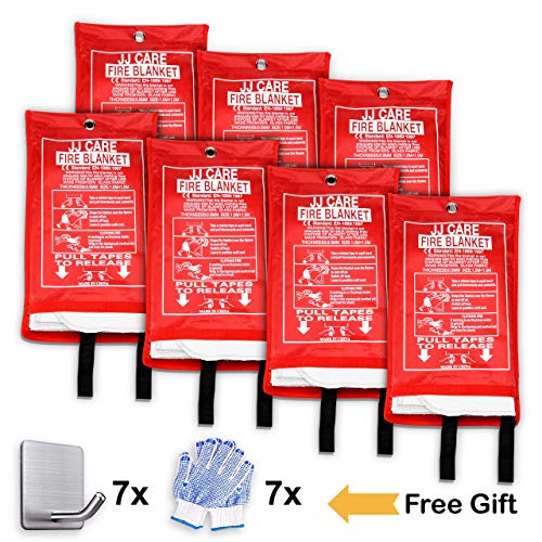 JJ CARE [Pack of 7] Fire Blanket Fire Suppression Blanket + Fire Protective Gloves + Hooks -Suitable for Camping, Grilling, Kitchen Safety, Car and Fireplace Retardant Blanket for Emergency
