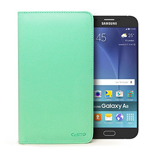 Galaxy A8 Case, Cellto PU Leather Wallet [Anti Slip] [Grooved] Cover with Sliding Camera [Adhesive] Function Flip Cover for Samsung Galaxy A8- Teal w/Purple Interior