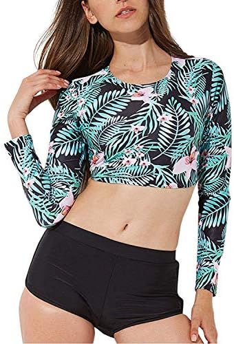 FANTASIEN Womens Floral Printed Crop Top Lace up Back Shorts Long Sleeve Rash Guard Swimsuit Sun Protection Tankini