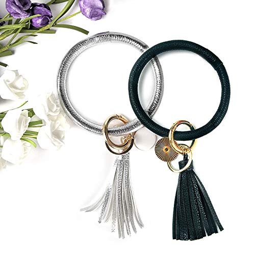 Leather Bracelet Key Ring Bangle Keyring, Tassel Ring Circle Key Ring Keychain Wristlet for Women Girls - Free Your Hands (Black)