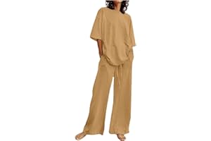 Women Summer Casual Sets 2 Piece Cotton Linen Outfits Loose Plus Size Short Sleeve Top Wide Leg Drawstring Pants