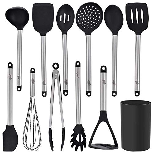 Kaluns 12 piece Stainless Steel and Silicone Kitchen Utensils set, black block holder - Non-stick and Heat resistant Cooking Supplies - New Chef's Spatula Tools Cookware Collection - Best Holiday - Thumbnail 7