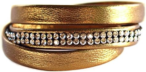 Juwe Lina Women Gold Metallic Leather Bracelet Stainless Steel Magnetic Clasp Leather Gold-Plated Swarovski Crystal Golden Shadow 57 cm