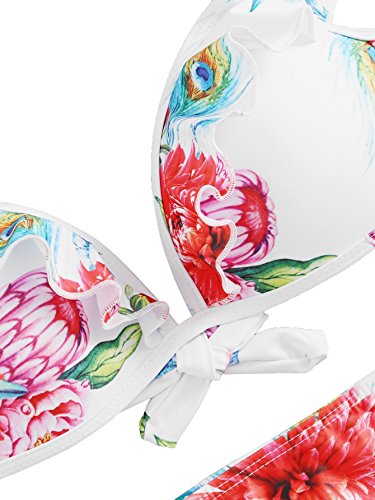 SOLYHUX Women's Flower Print Ruffle Strap Bikini Set White L - Thumbnail 2