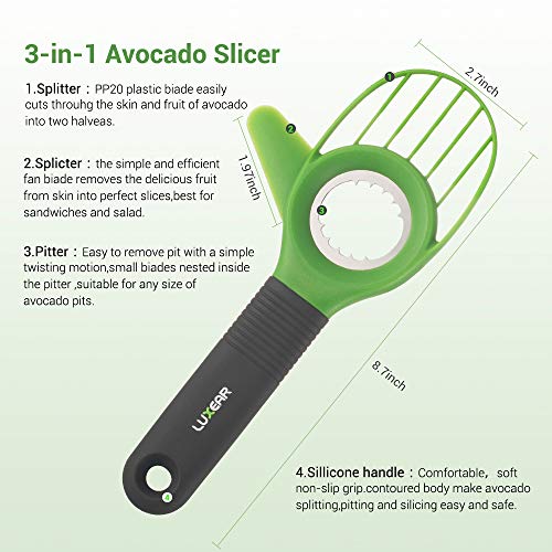 Avocado Slicer - LUXEAR 3-in-1 Avocado Cutter Tool with Comfort-Grip Handle BPA Free Multifunctional Avocado Knife Works as Splitter Pitter Slicer Suitable for kiwi dragon fruit, Green