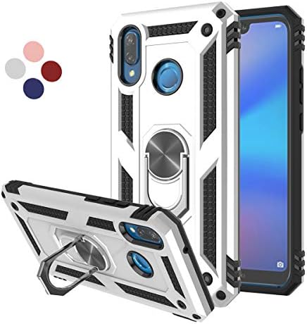 LDStars Compatible for Huawei Nova 3E Phone Case(Not Nova 3),P20 Lite Case, Heavy Duty Soft TPU Hard PC Protective Case with 360° Rotating Ring Kickstand for Magnetic Car Mount-Silvery