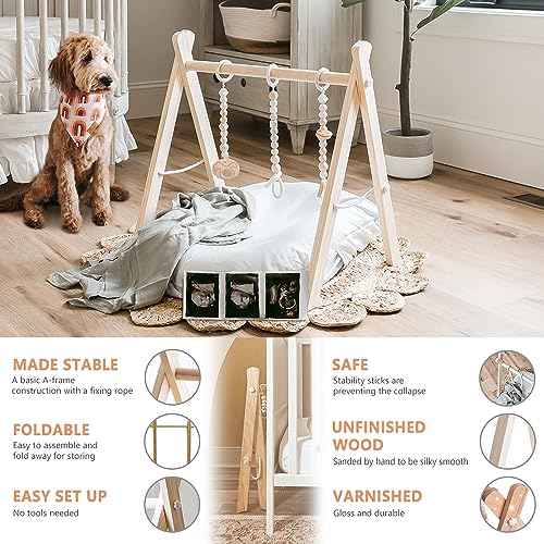 little dove Foldable Wooden Play Gym with 6 Toys - Infant Activity Gym for Baby Girls and Boys with Hanging Bar - Montessori Newborn Gift