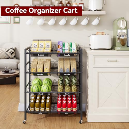 IBUYKE Kitchen Trolley with 8 Baskets,Metal Auxiliary Cart,Black TLJ025B | Vegetable Trolley Fruit Basket Organizer with Wheels for Vegetables, Onions, Potatoes