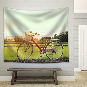 Red Bicycle Parked in Meadow on a Sunny Morning - Fabric Wall Tapestry Home Decor - 51x60 inches