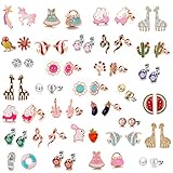 TAMHOO 30 Pairs Gold Plated Stainless Steel Post Small Cute Multiple Animal Faux Pearl Stud Earrings Set for Girls Kids (30 Pairs -1)