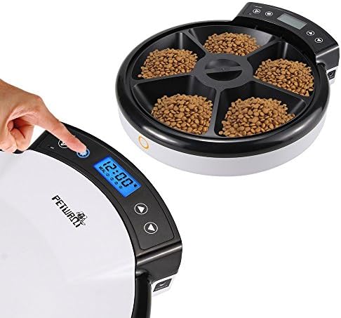 Automatic Pet Feeder -5 Meal Automatic Pet Feeder, Programmable Automatic Pet Feeder for Dog Cat and Other Small Animals User-Defined 24-Hour Feeding Time Setting Five Separate Food Trays (240ml/tray)