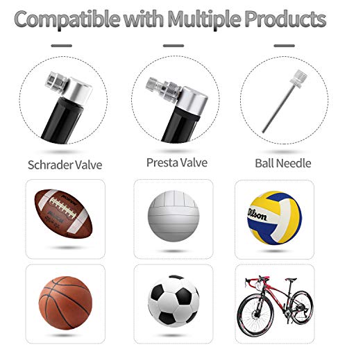 ioutdoor - Mini Pompa Portatile per Bicicletta, 120PSI, Pompa a Mano con Aghi a Sfera, Supporto per Telaio e Tubo di Prolunga per Bici da Corsa, Mountain Bike, Calcio, Basket (Nero)