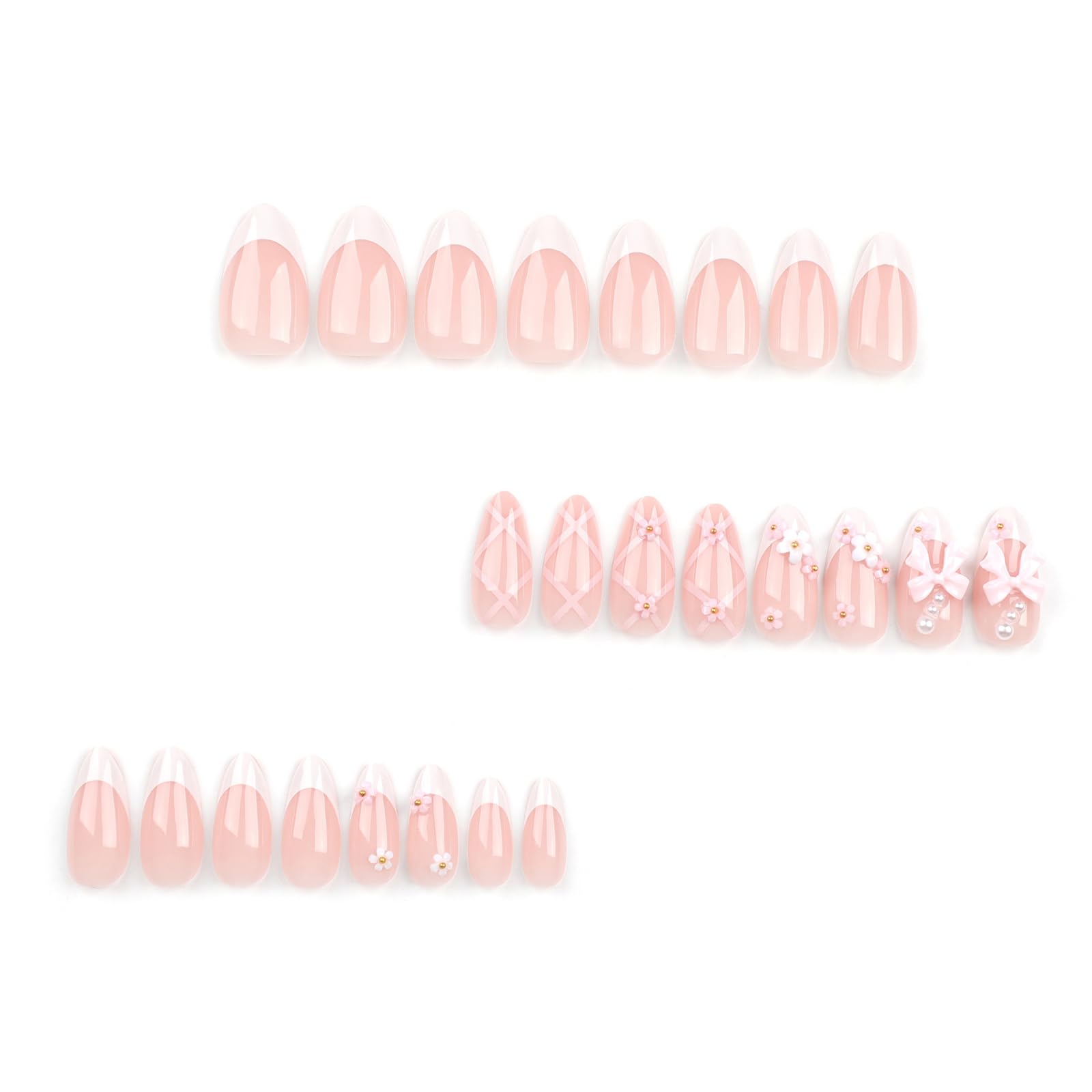 LPOODDNU Medium Almond Press on Nails White French Tips Pink Fake Nails with 3D Flower Bow Charms Acrylic Nails Press ons Cute Design Glue on False Nails Reusable Stick on Nails 24pcs - Image 2
