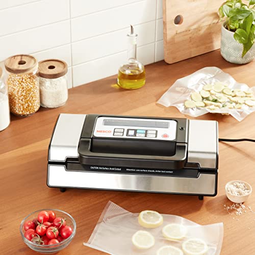 Nesco Deluxe Food VS12 Vacuum Sealer, 130 Watts, Kit Bags & Viewing Lid, Compact, Silver on
