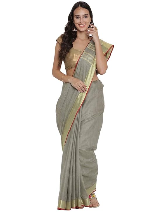 For Womens Bhagalpuri Cotton Slub Moss Green Saree With Plain Zari Border Contrast Blouse Piece