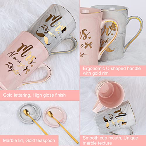 Mr Right and Mrs Always Right Couples Mug Sets for Wedding Gifts, Engagement Gifts, Bride to be, Bridal Shower, Bride and Groom, 14oz Ceramic Marble Cup with Gold Pattern, Microwave Dishwasher Safe