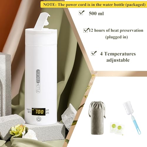 KOWVOWZ Portable Electric Kettle, Travel Water Boiler with 4 Variable Presets, 304 Stainless Steel Travel Water Boiler, Auto Shut Off & Boil Dry Protection, BPA-Free for Coffee Milk Tea (500ML)