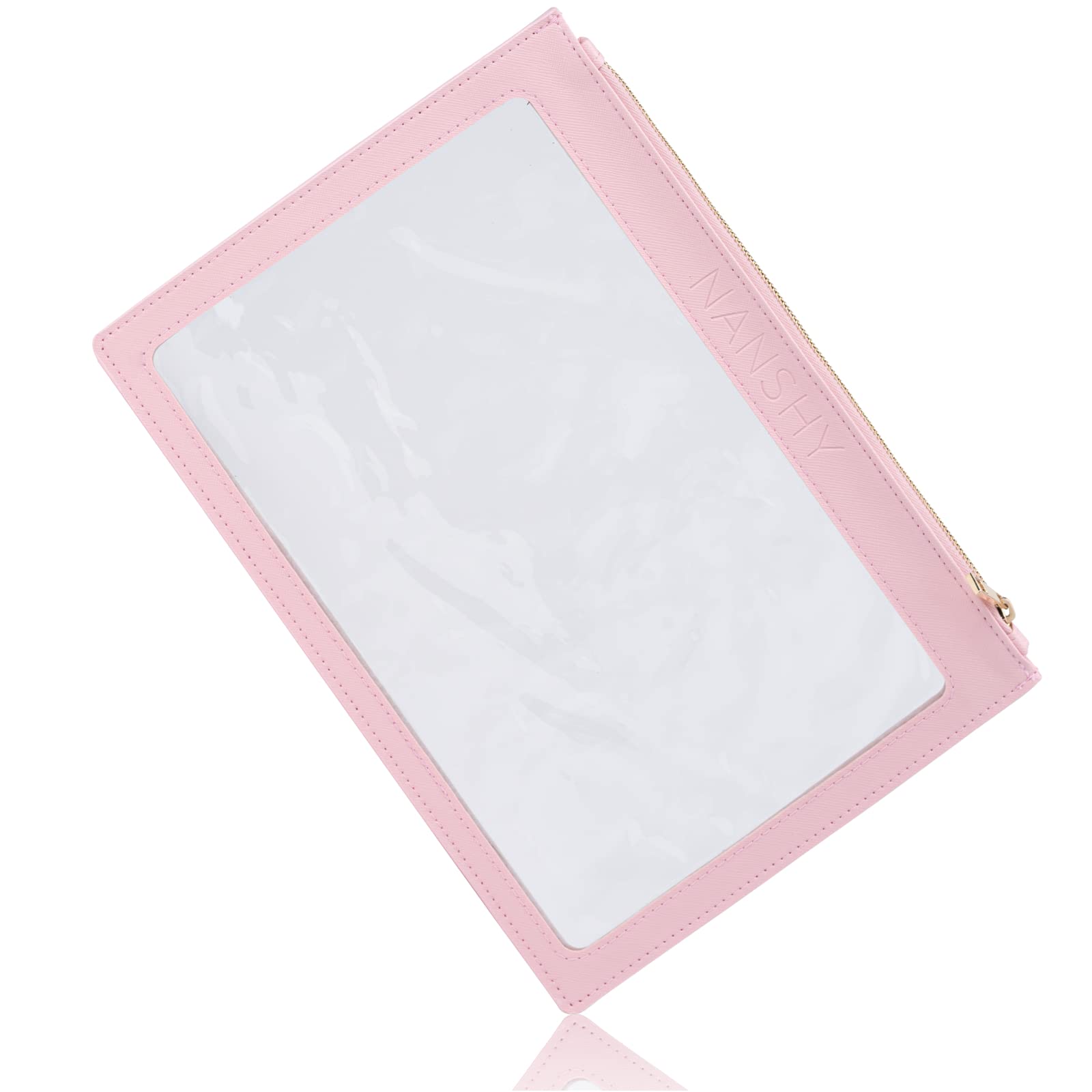 Nanshy Clear Make up Bag - Pink Makeup Organiser - Slim Flat Makeup Bag wit Zipper - Clear Pencil Case - Clear Toiletry Bag (Large Capacity, See Through) - 11.5" x 8"