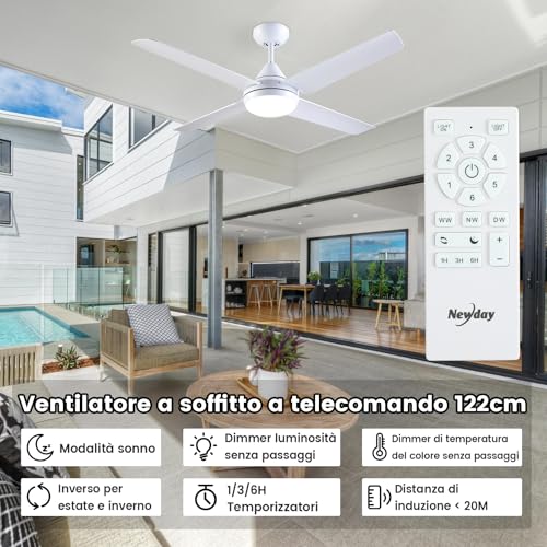 Newday 48" White Ceiling Fan with Light and Remote Control, Ceiling Fan with 4 Blade, Step-less Dimmer, 7 Speed Mode, Timer, Reversible Silent DC Motor for Living Room