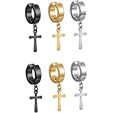 Gold Silver Cross Clip On Earrings Drop Dangle Set for Women Men Cross Titanium Steel Hoop Dangle-Gold&Silver&Black
