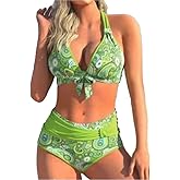 COLOMI Women's Floral Print Bikini Halter Bathing Suit 2 Piece High Waist Bikini Set Carnival Swimsuits