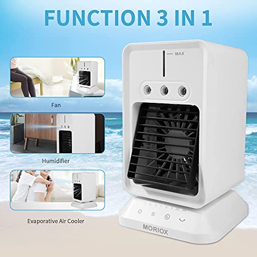 MORIOX Portable Air Conditioner Small Evaporative Cooler Personal Fan with Rechargeable Battery Desktop Portable AC Mini Humidifier Cooling Appliance for Home Room Kitchen Office