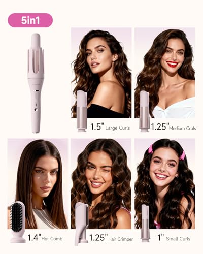 5 in 1 Auto Curling Iron Set with Interchangeable Barrels - 1", 1.25", 1.5" Curling Wand, Hair Crimper & Straightening Brush, Rotating Ceramic Curler, 3 Temp, Dual Voltage, Anti-Scald, Pink