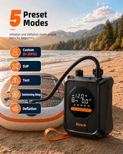 Blytech Paddle Board Electric Pump, Portable 20PSI SUP Pump with 13,500mAh Rechargeable Battery, Fast Inflation/Deflation, 7 Nozzles for Inflatables, Kayaks, Tents, Boats, Pool