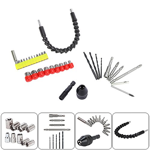 OCGIG 33 Pcs 1/4" Flexible Hex Shaft Screwdriver Power Drill Bit Extension 11inch Quick Change Connect Hex Drive with 32 Pcs Drill Bits Socket Set Holder Extension Chuck Electric Drill Accessories