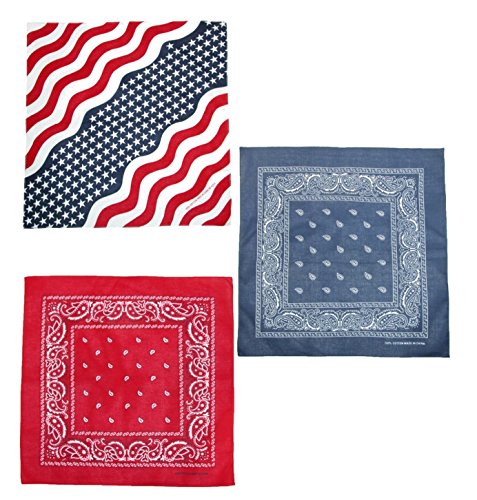 CTM Wavy American Flag and Paisley Bandana Kit (Pack of 3), Wavy American Flag