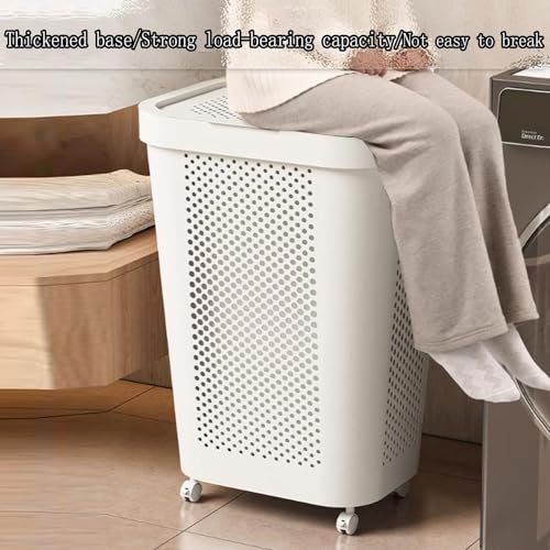 SLEEPHEAD®Laundry Basket with Wheels, Hand-Held Laundry Basket with Lid, Plastic Laundry Hamper Storage Bucket with Mini Basket, for Kitchen Bedroom Bathroom Closet(White) (white)