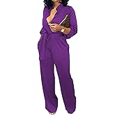 Women Jumpsuits For Elegant Sexy V Neck Long Sleeve Casual for Work Wide Leg Pants with Pockets Belt