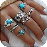Kprusoian Bohemian Turquoise Ring Set for Women,Vintage Joint Knuckle Stackable Rings Oval Gemstone Ring Chunky Stone Crystal Midi Finger Ring Pack Western Jewelry
