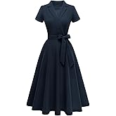 Meetjen Women's Vintage Tea Party Dresses, Short Sleeve Swing 2026 Formal Cocktail Wedding Guest Work Church Dress
