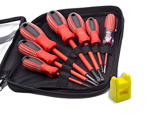 Finder 7 Pcs Anti-rust Insulated Electrician Screwdriver Set With Bag, Electroprobe, Industrial Level Chrome Vanadium Steel, Magnetic Tips, Red and Black