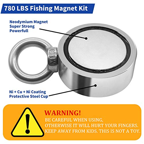 Fishing Magnet Double Sided, 780lbs (354 KG) Pulling Force Super Strong Rare Earth Neodymium Round Magnet with 33 ft Rope & Glove, for Magnetic Fishing, River, Salvage, 2.64" Diameter - Thumbnail 2